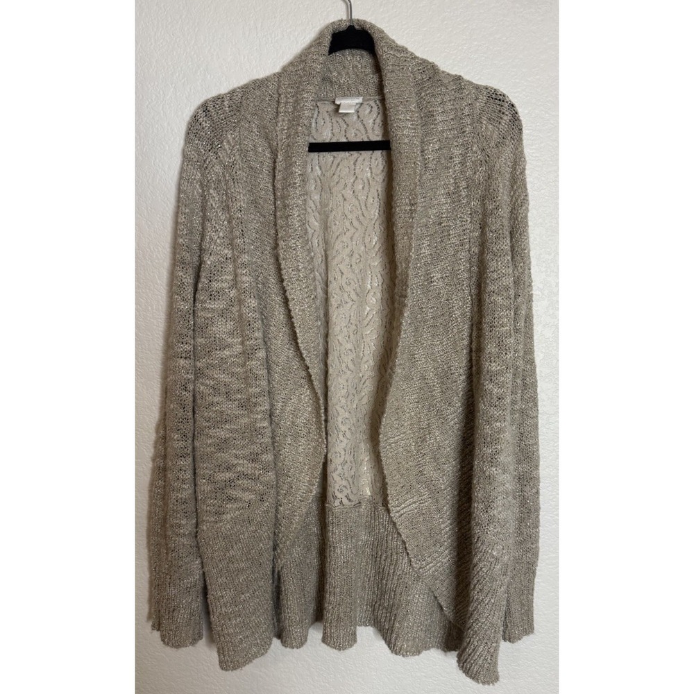 Chicos 3 US XL Cardigan Sweater Taupe Lace Back Metallic Open Front Boho Chic